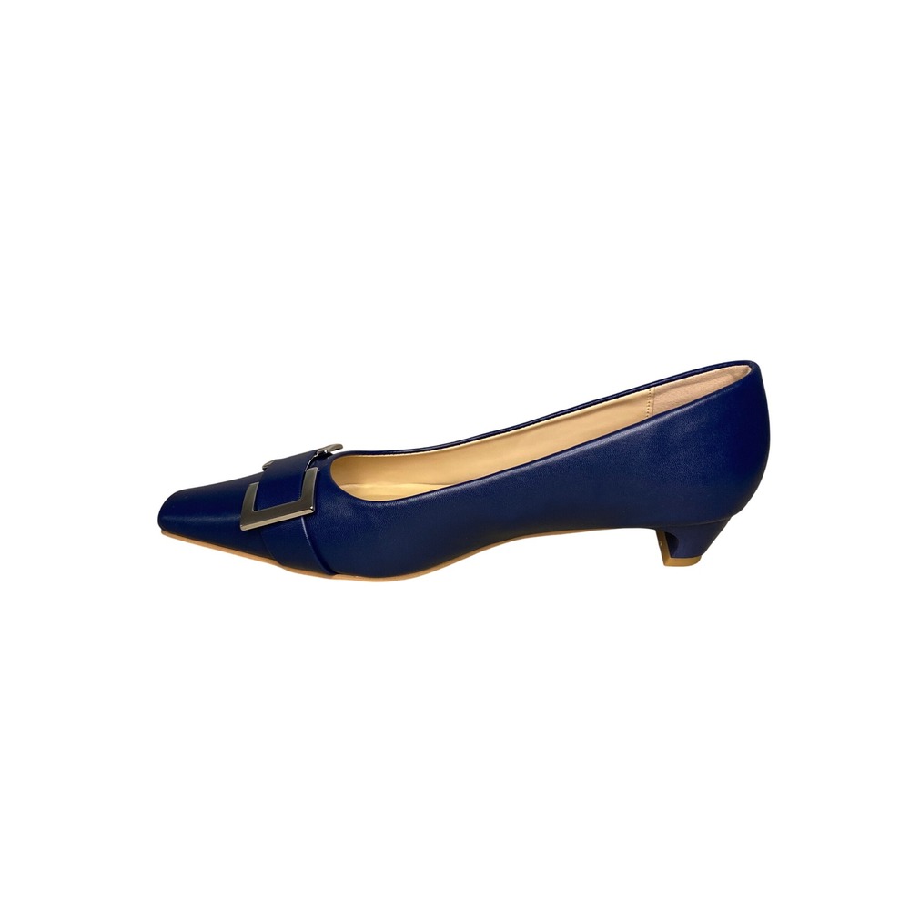 C.Paravano Womens Navy Blue Leather Buckle Square Toe Kitten Heel Pumps Size 41